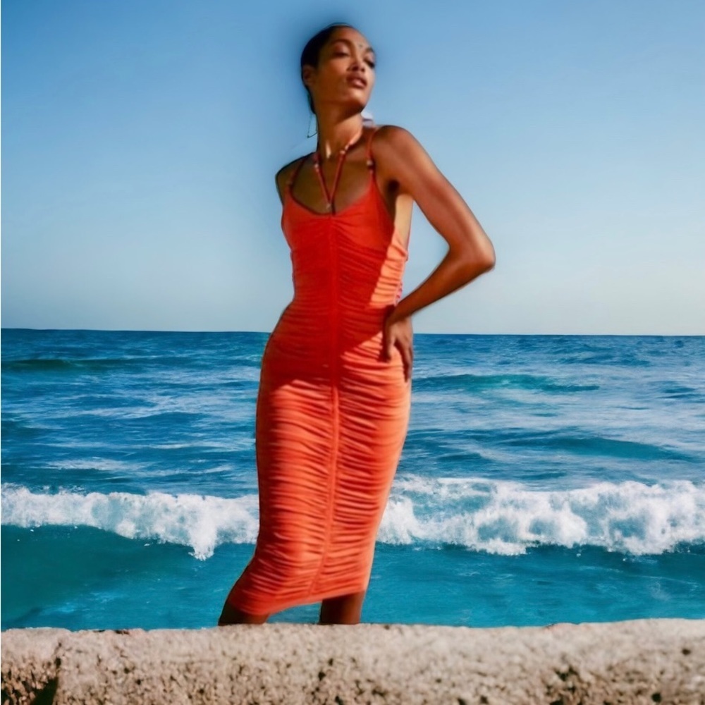 NEW A.L.C Orange Bodycon Midi Dress Ruched Stretch Allegra Sangria Size Small